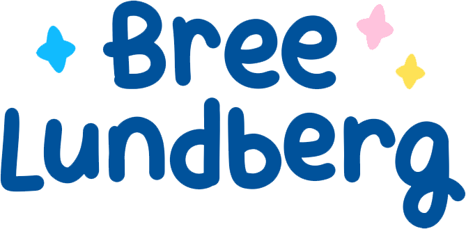 Bree Lundberg logo with blue letters and color sparkles.