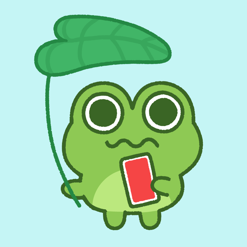 Illustrated cute frog character holding a leaf umbrella, he has a nervous expression and is holding a small playing card.