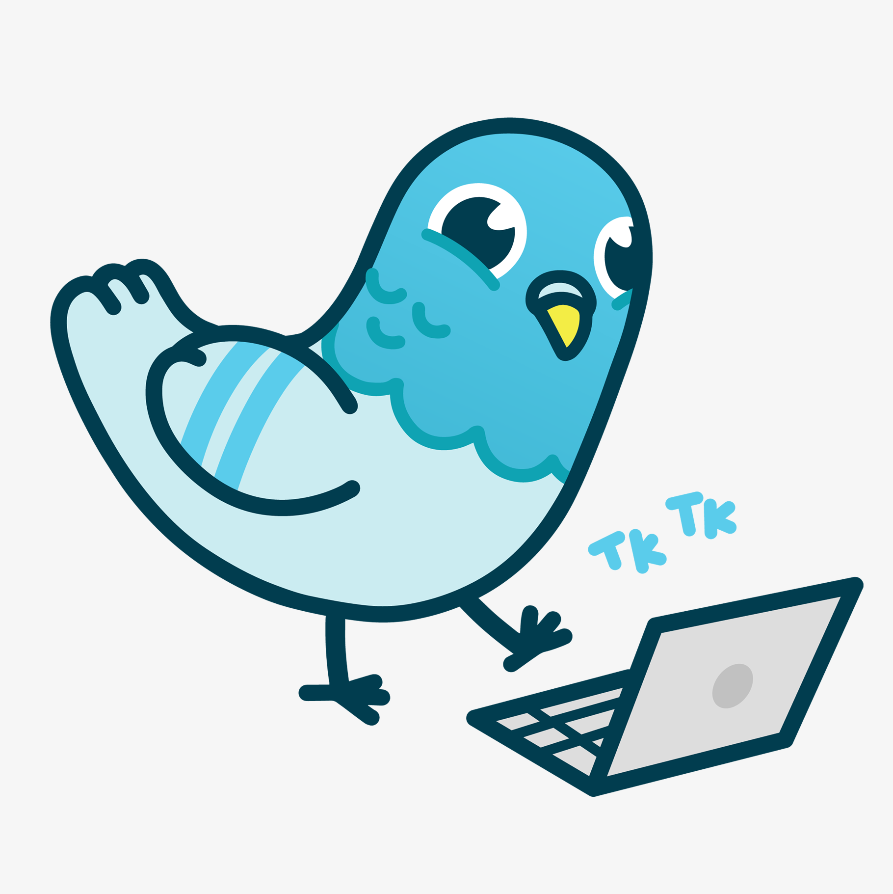 Blue and grey illustrated pigeon character using its feet to type on a tiny laptop.