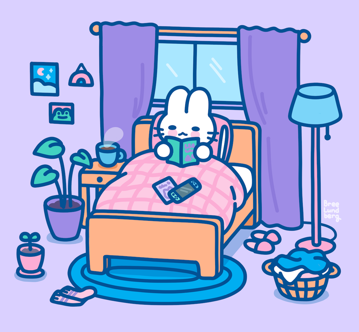 Illustration in pastel colors of a cute bunny character reading a book in a cozy looking bed. The room is filled with various cluttered objects around them such as laundry, side table with tea cup, potted plants, and more.