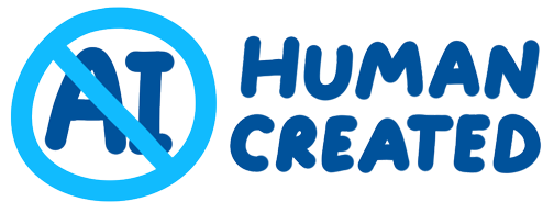 The letters "AI" in a circle with a line through it and the words "Human Created" next to it.