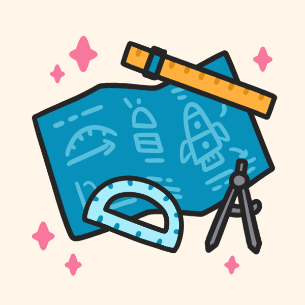 Illustrated icons of a blueprint, rulers, and compass with sparkles around them.