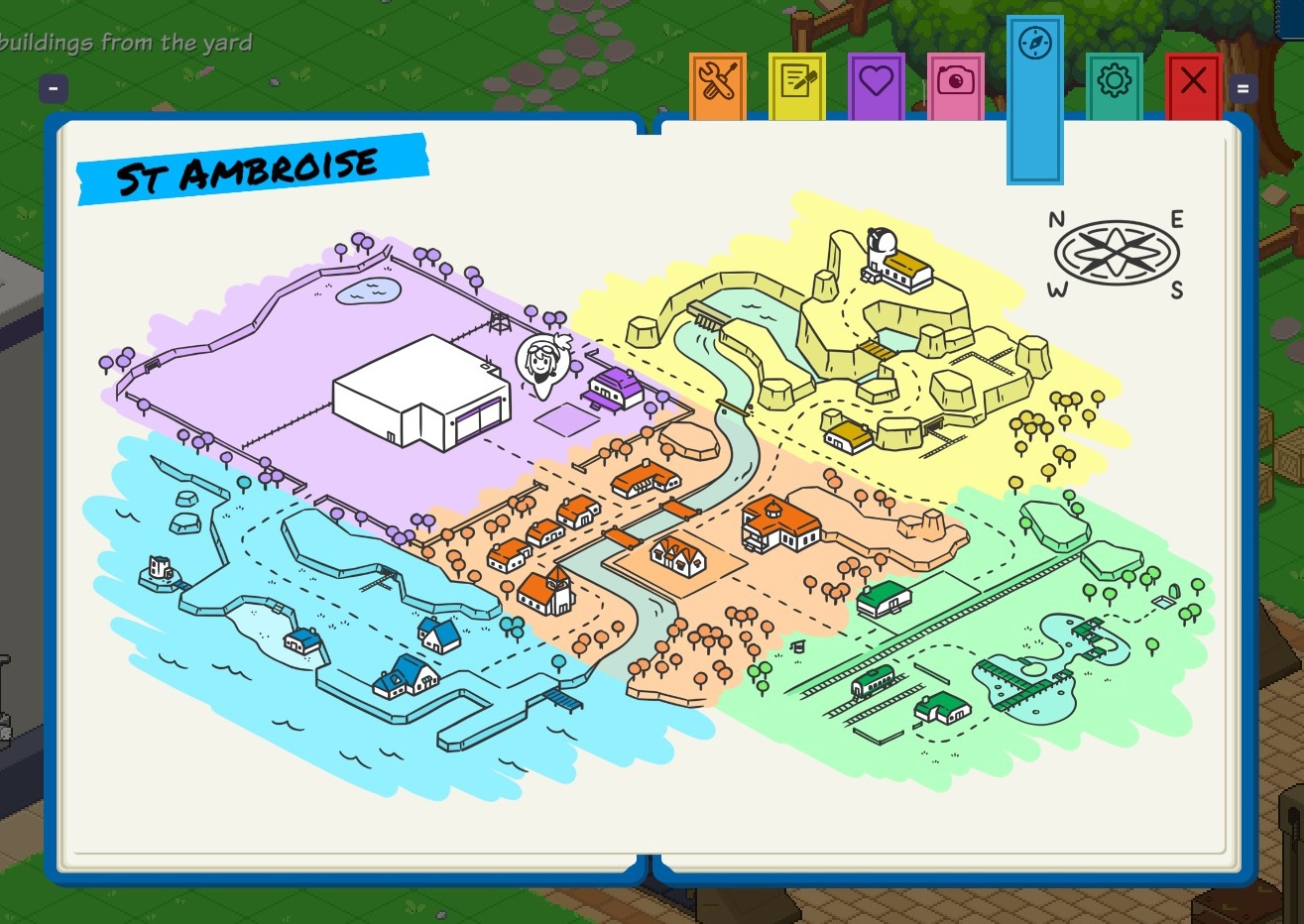 Screenshot from Little Rocket Lab game showing the town map illustrated with bright colors.