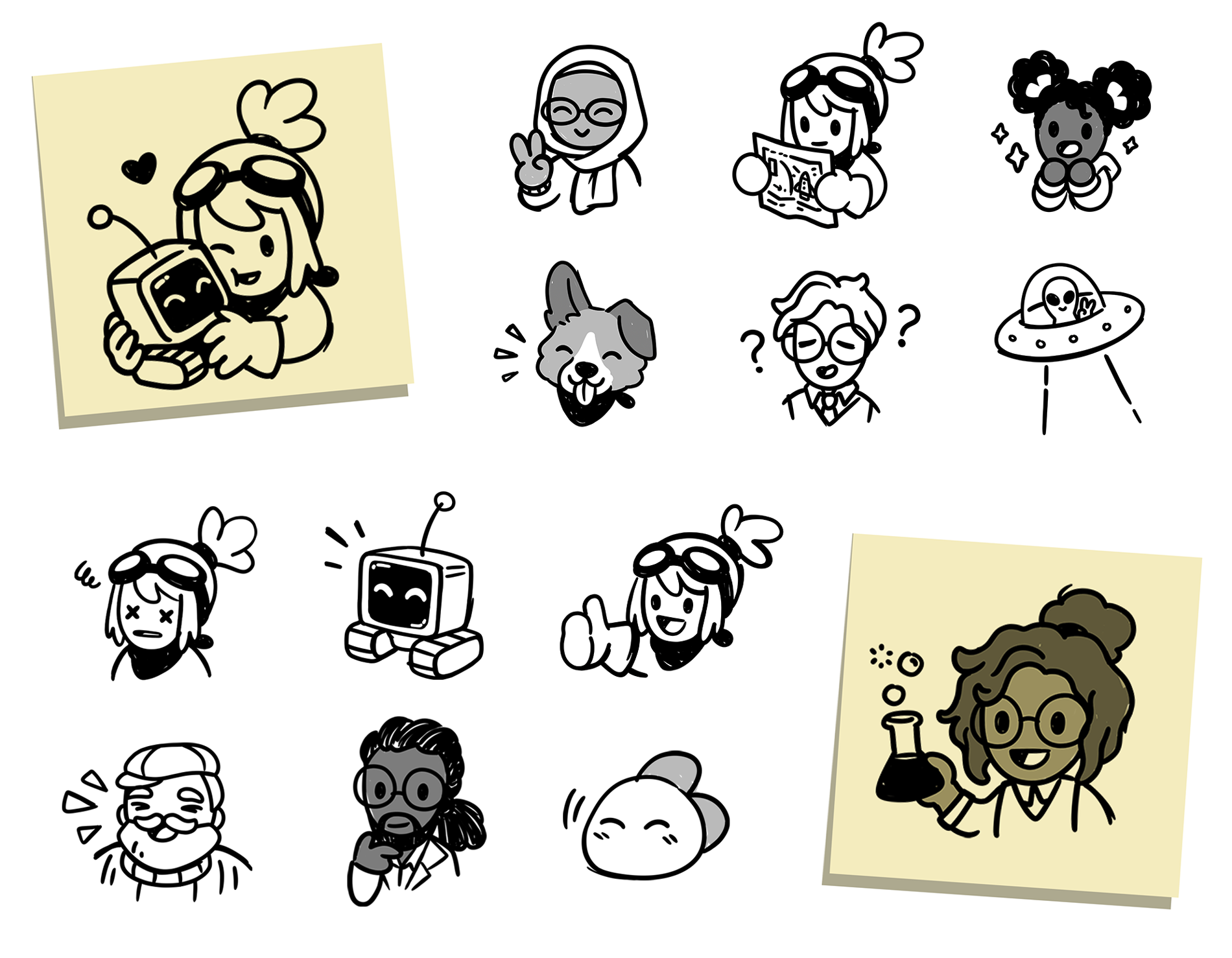 Cute black and white drawings of various characters from Little Rocket Lab which appear on sticky notes in the game's journal.