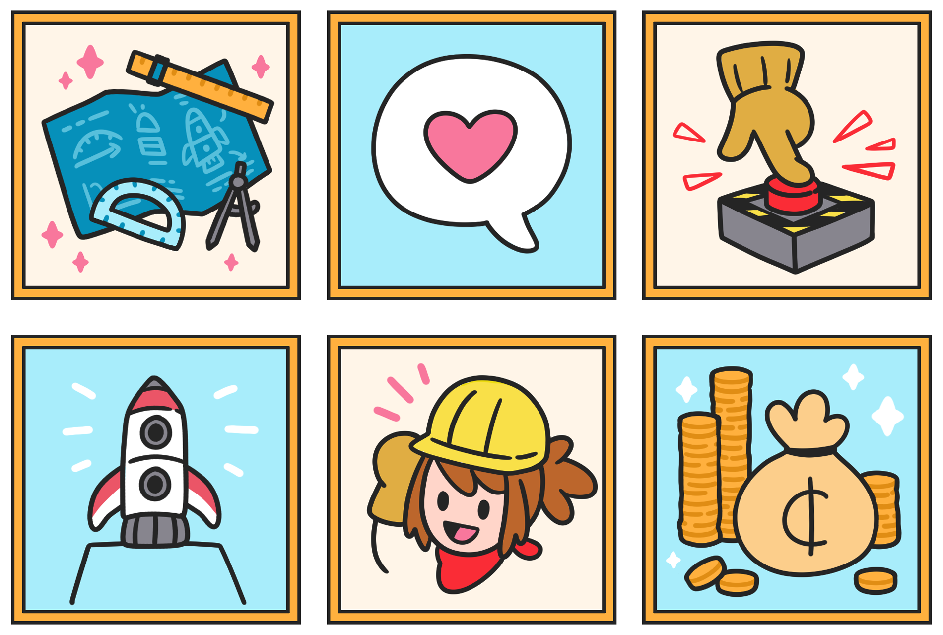 Six Steam Achievement icons for Little Rocket Lab game. There's various elements of the game represented such as a blueprint, rocket, and the main character Morgan.