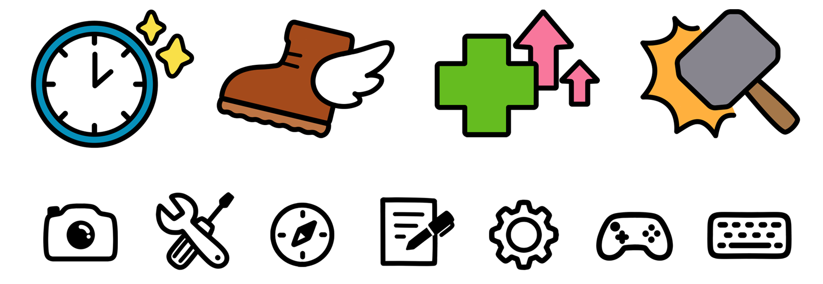 Various UI icons for Little Rocket Lab, some in color and some black and white.