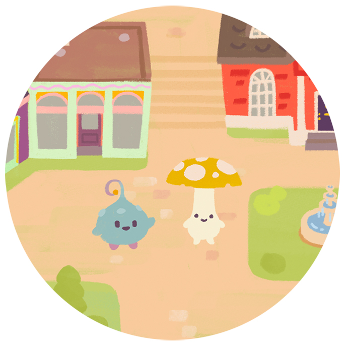 Zoomed in image of Ooblets illustrated town map showing two cute characters.