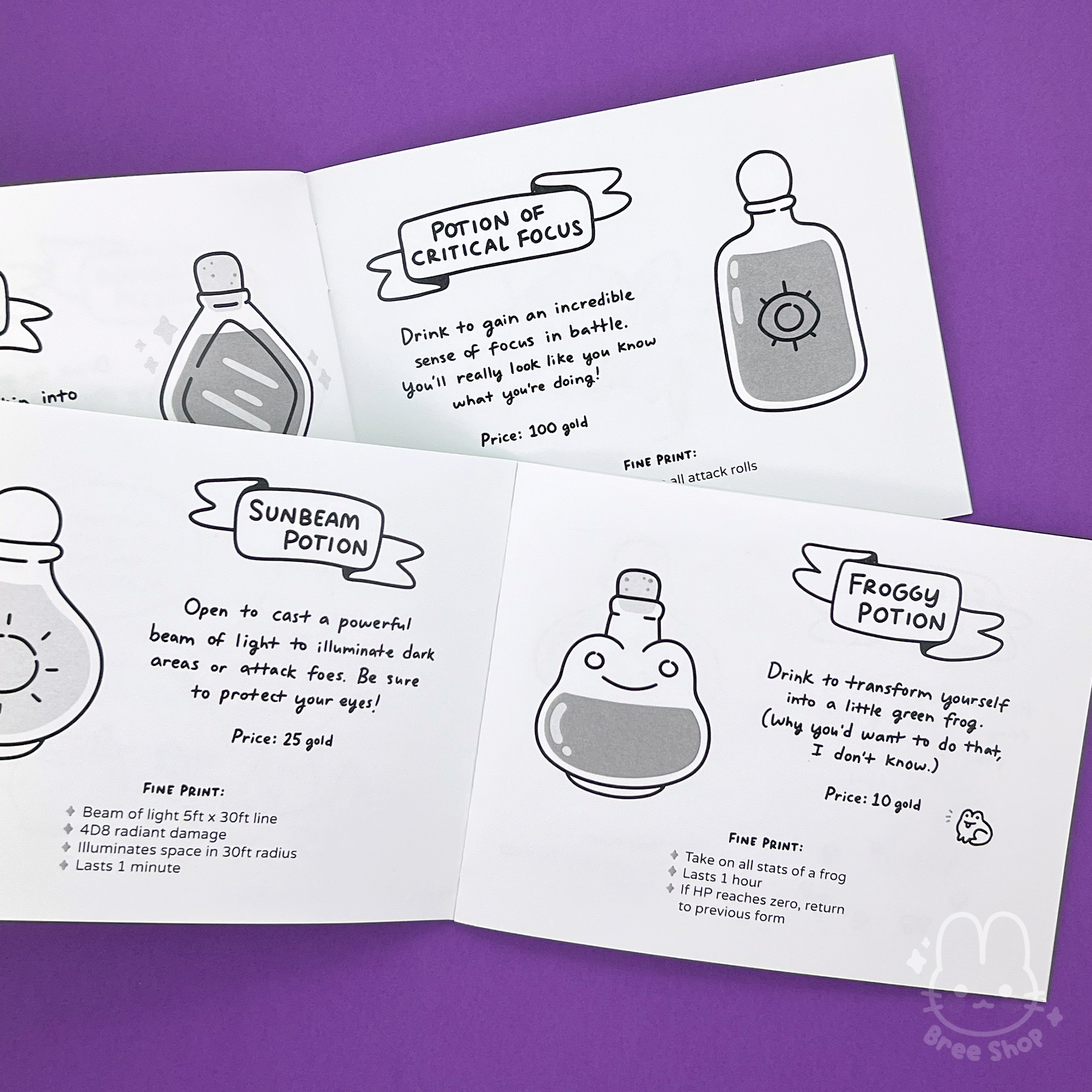 Potion Shop zines laying open showing several inside pages with various black and white illustrated potion bottles with descriptions. One of them is a cute "Froggy Potion" shaped like a frog.
