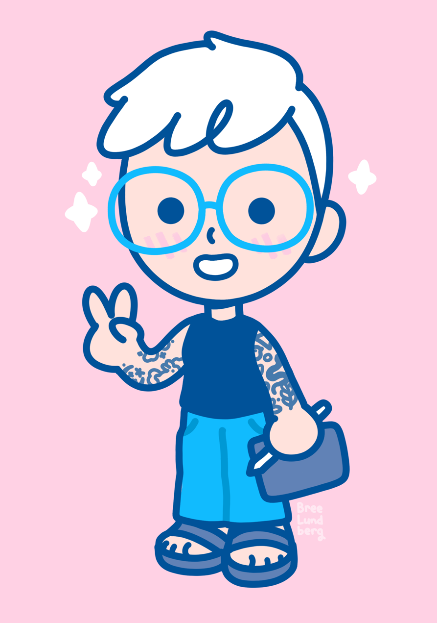 Illustrated avatar of Bree's likeness on a pink background in a cute chibi style with light skin, short hair, blue glasses, and tattooed arms. They're smiling and one hand is giving a peace sign, the other hand is holding an iPad and Apple Pencil.