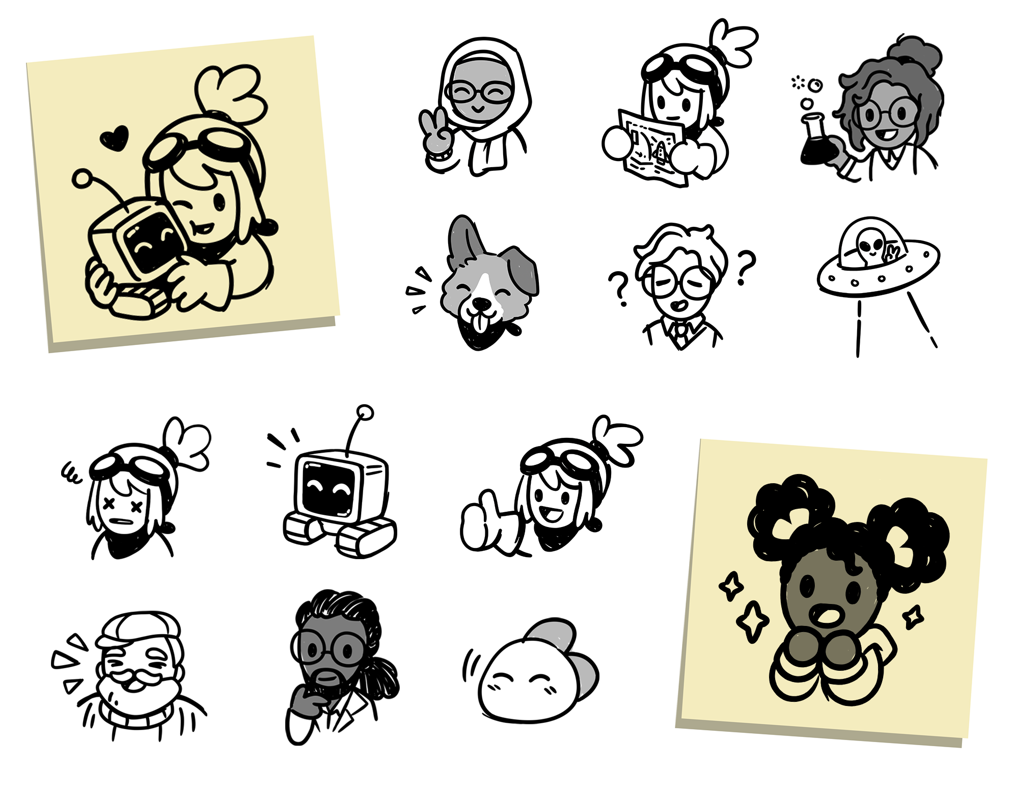 Cute black and white drawings of various characters from Little Rocket Lab which appear on sticky notes in the game's journal.