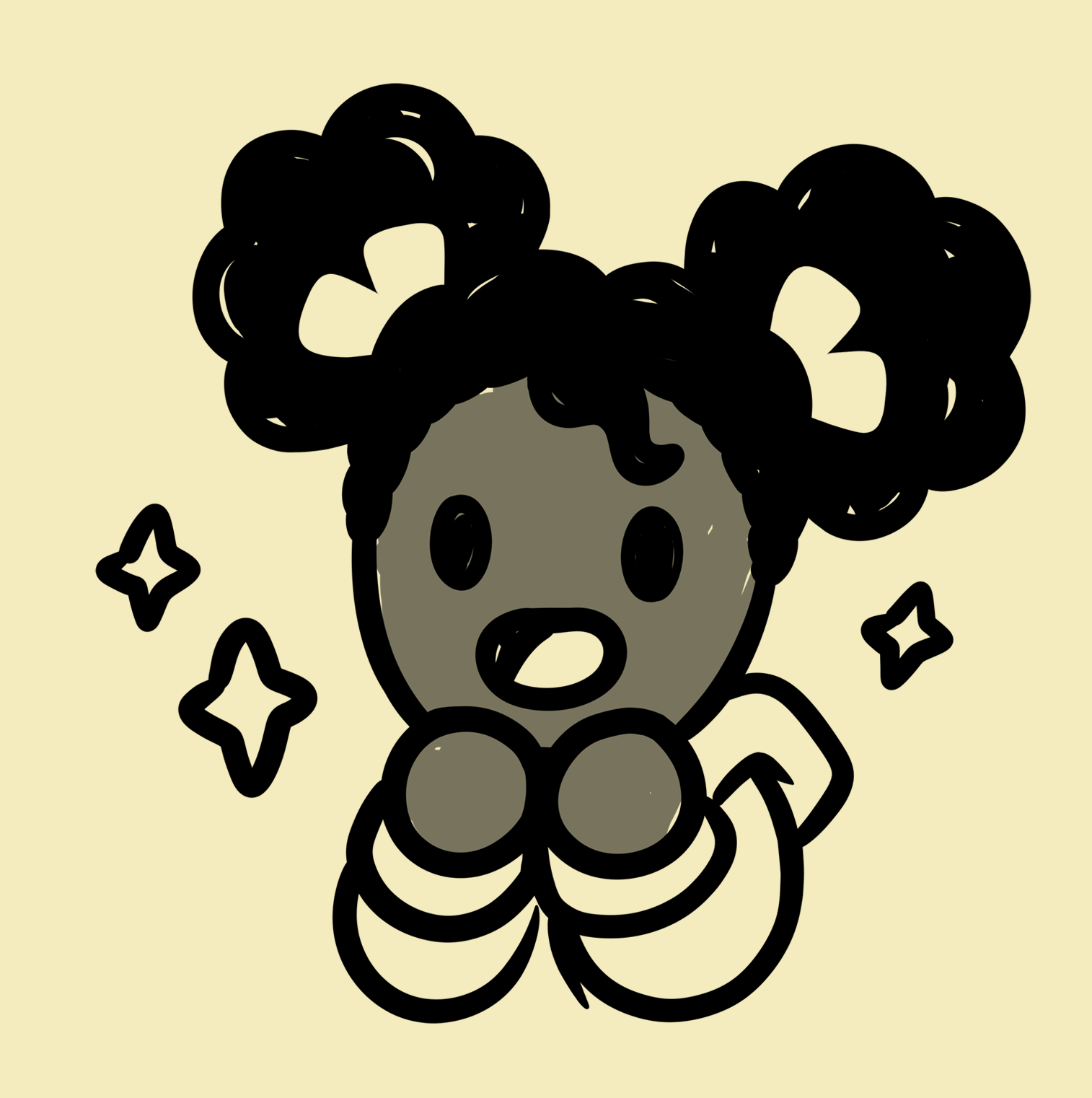 Drawing of a cute little girl with dark skin and hair tied up into two buns, she's smiling with her hands held up excitedly to her face.