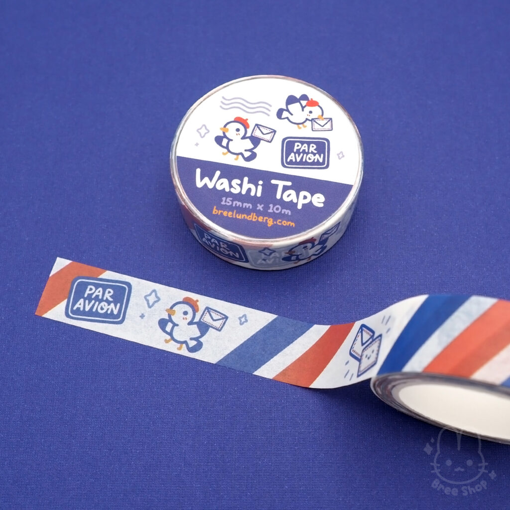 Photo of washi tape rolls with pattern of airmail icons and cute seagulls wearing berets and carrying letters