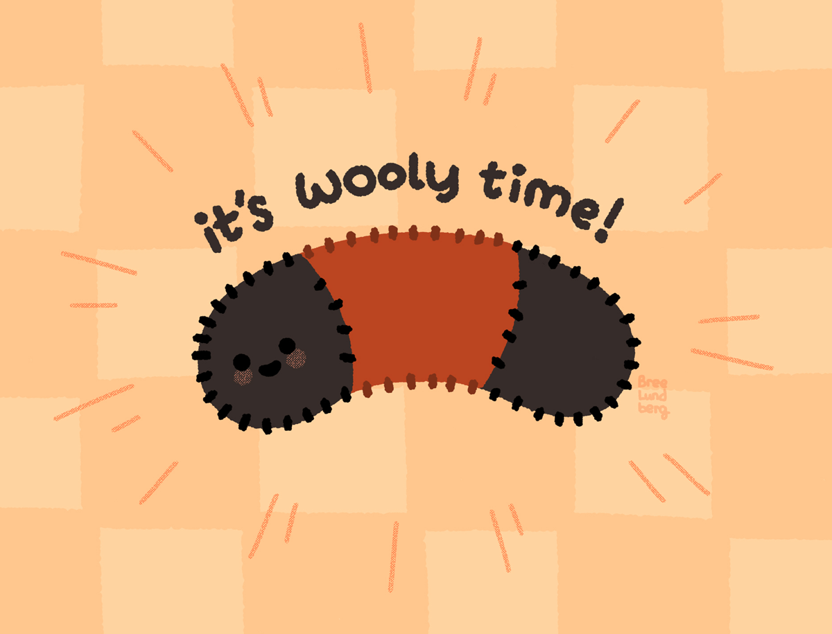 Illustration of a wooly bear caterpillar. It's fuzzy and cute and has a happy little smile. There's lines radiating around it and above it says "it's wooly time!".